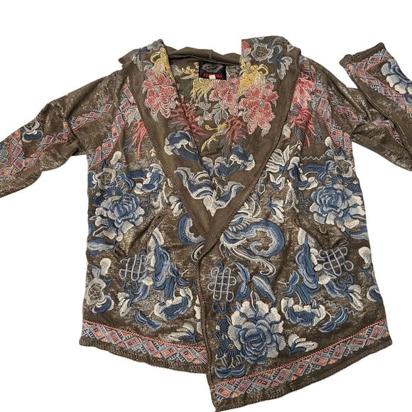 Pre owned Johnny Was BIYA Srika Khaki Green Shimmer Sueded Embroidered Hoodie - Picture 8 of 16